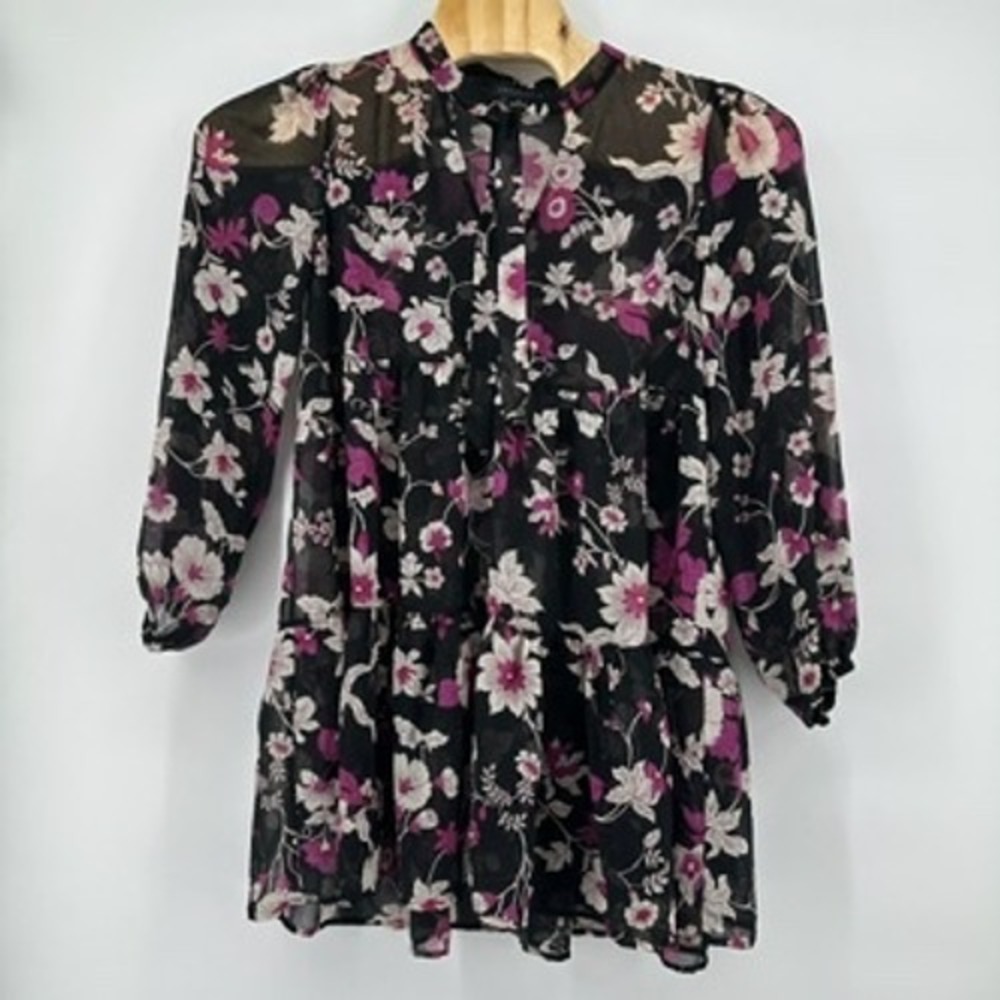 Sanctuary Black Floral Print Tiered Long Sleeve Mini‎ Dress Womens Medium